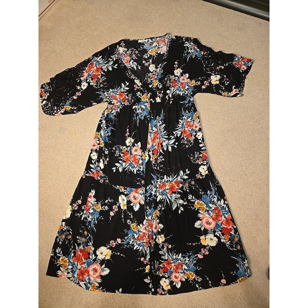 L.I.F.E. Love Is For Eternity Cardigan Duster Adult‎ Large Black Floral Womens L